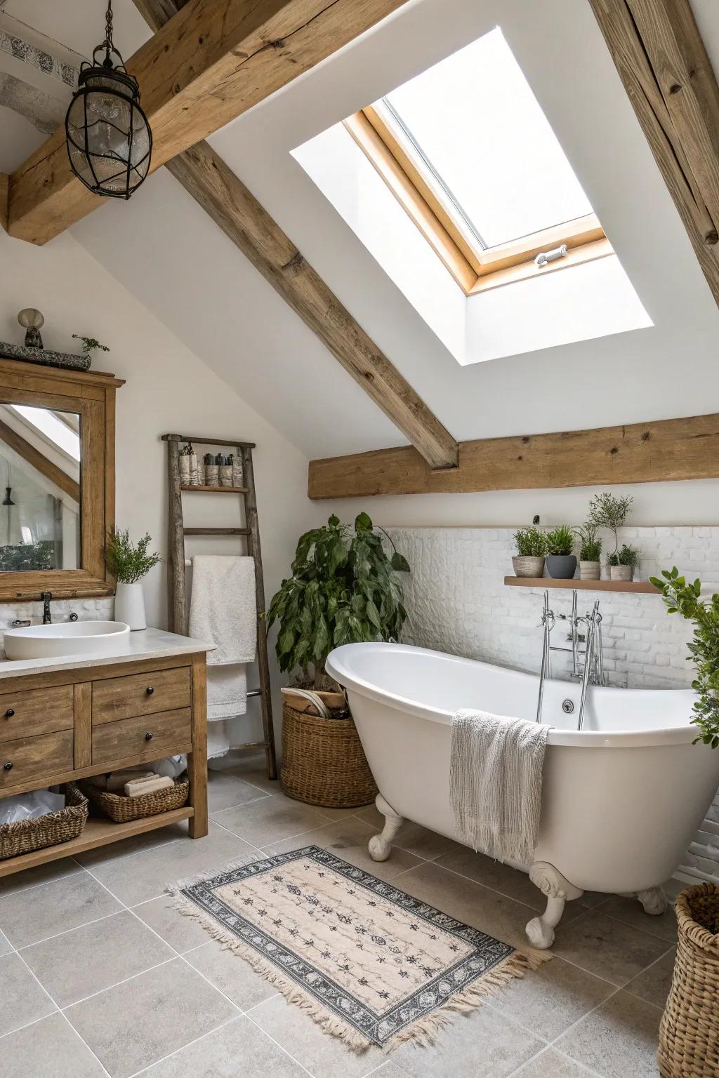 A skylight enhances daylight in this inviting bathroom.