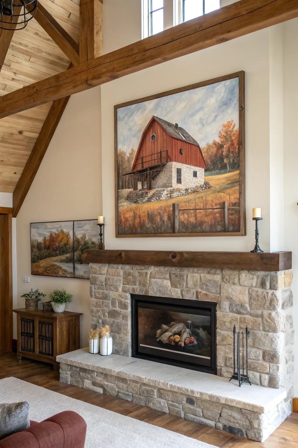 Rural inspired art adds an artistic flair to the fireplace.