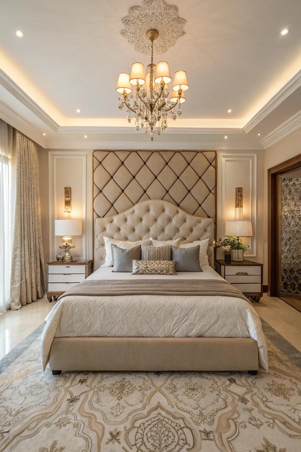 Statement headboards serve as a striking focal point in the space.