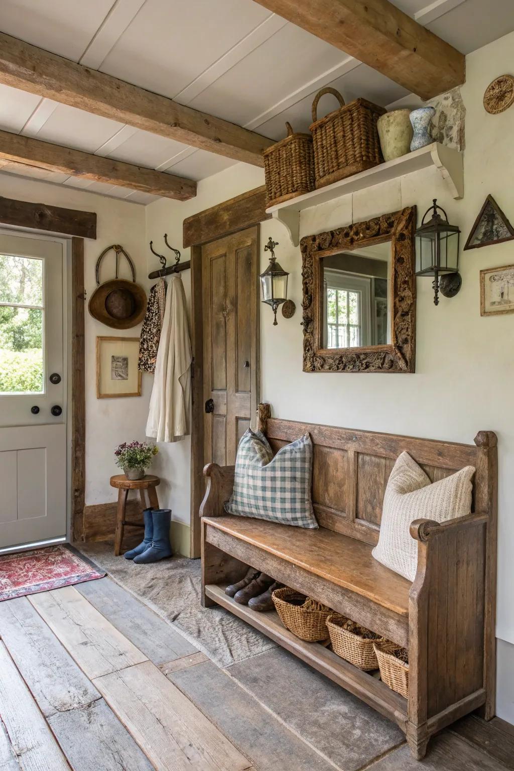 Unique mudroom featuring antique bench and decor features.