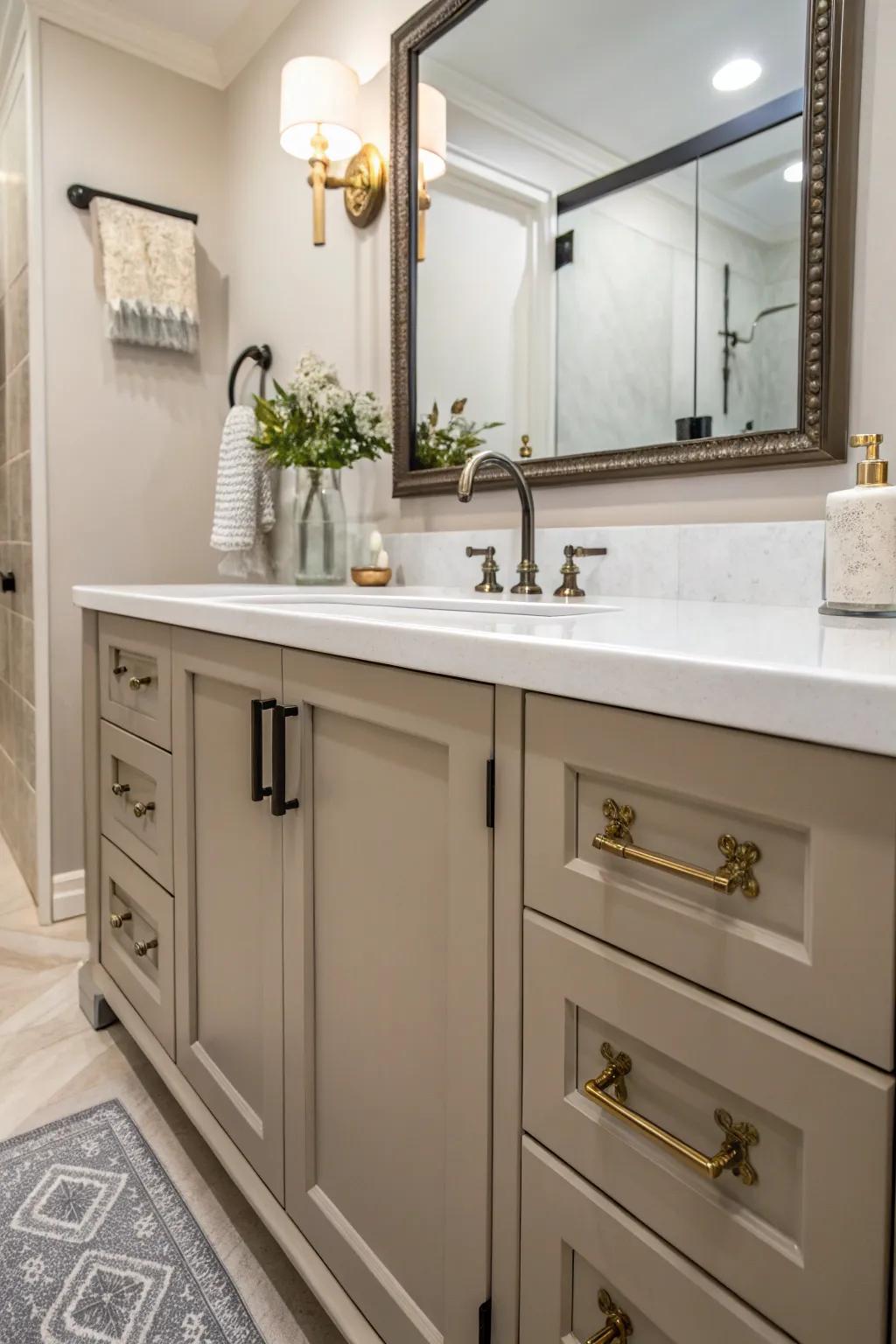 Unique hardware on sink base and cabinets within a washroom.