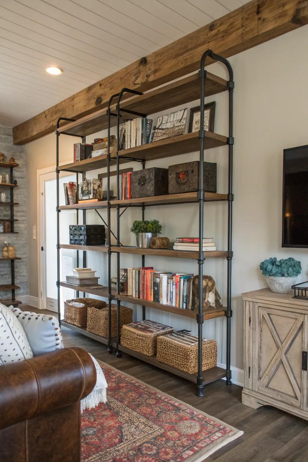 Industrial pipe shelving for a modern farmhouse accent.