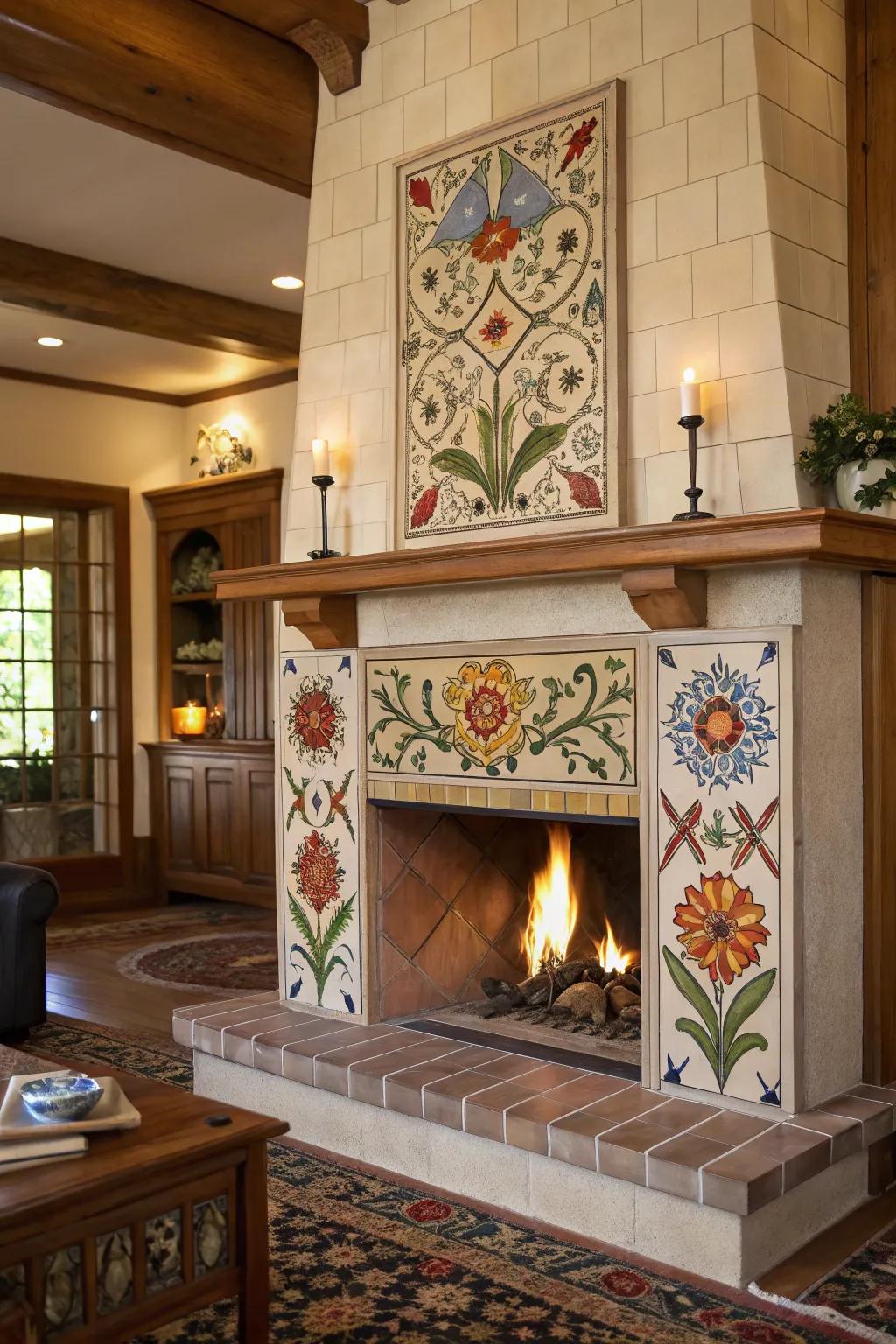 A fireplace featuring unique created piece artistry.