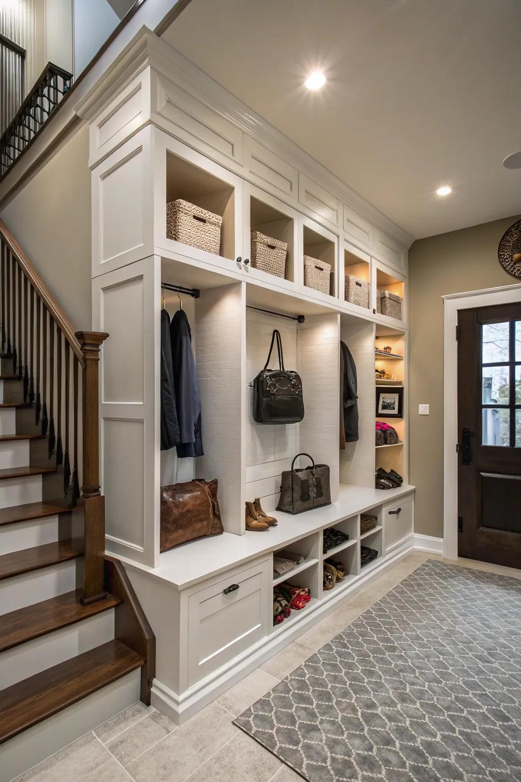Creative stowing solutions maintain this modern entrance hall organized and tidy.