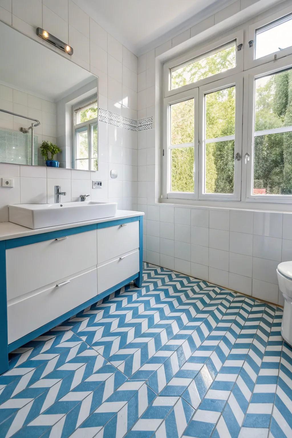 A bathroom featuring lively chevron patterned ground segments for infused character.