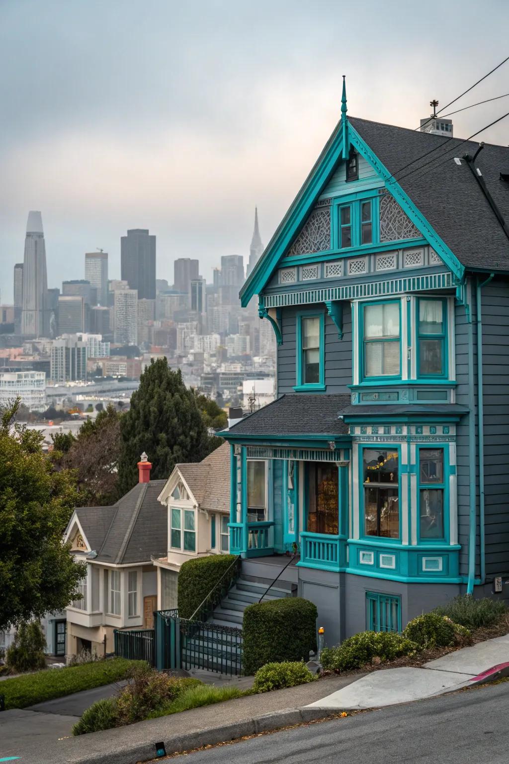 Deep grey and cerulean create a vibrant, bold statement.