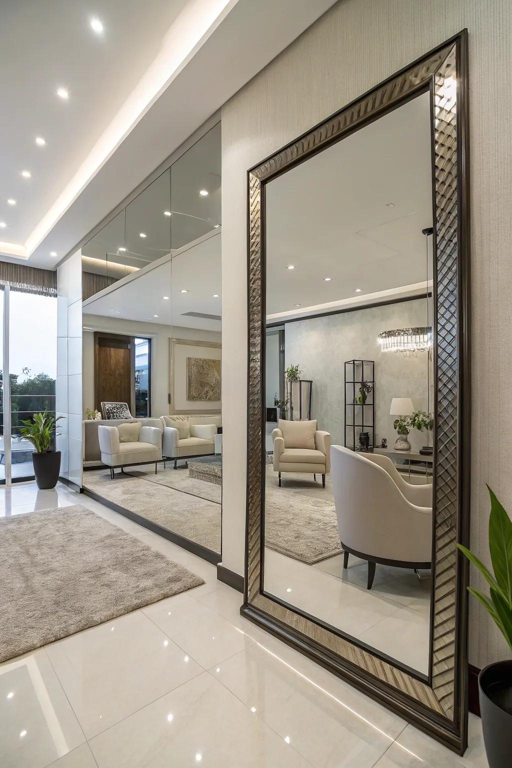 A contemporary interior with a large mirror enhancing space.
