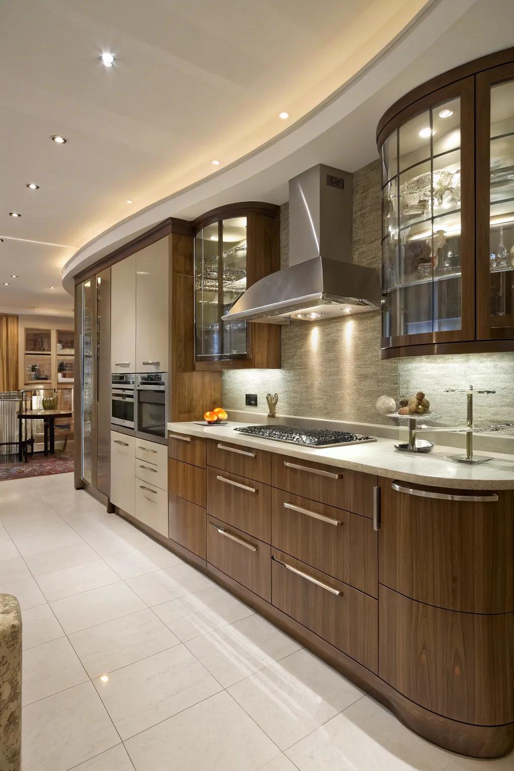 Curved cabinets add a unique, soft aesthetic.