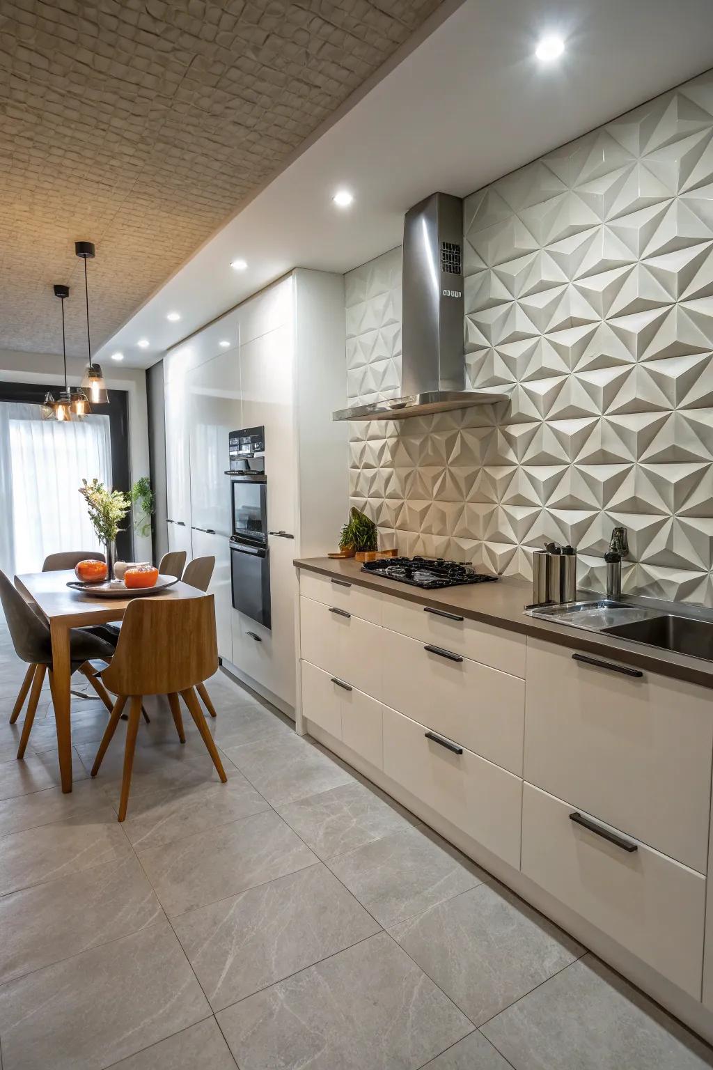 Tiles that pop out bring texture and depth to kitchen walls.