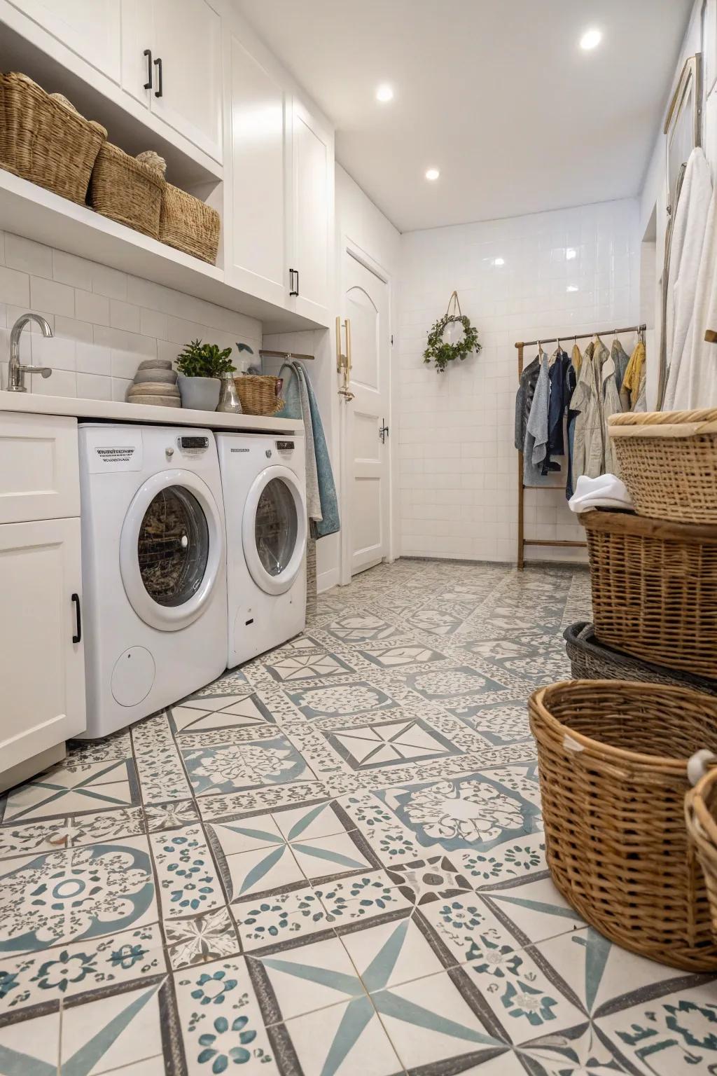 A statement floor design adds character to your laundry room.