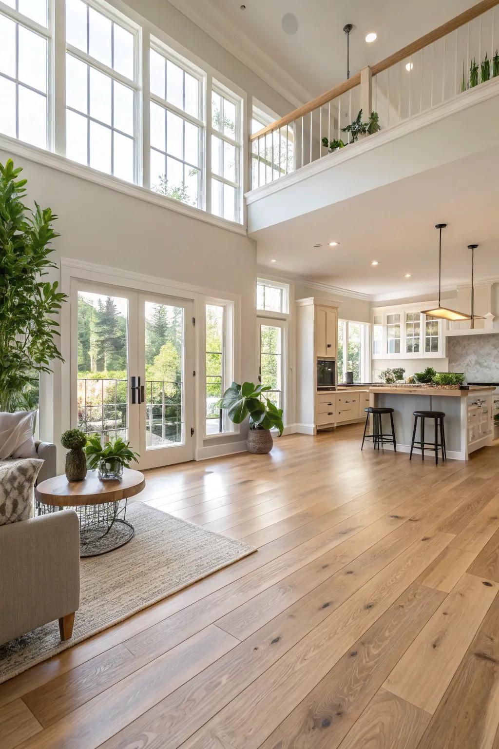 A seamless flow is achieved with consistent light wood flooring.