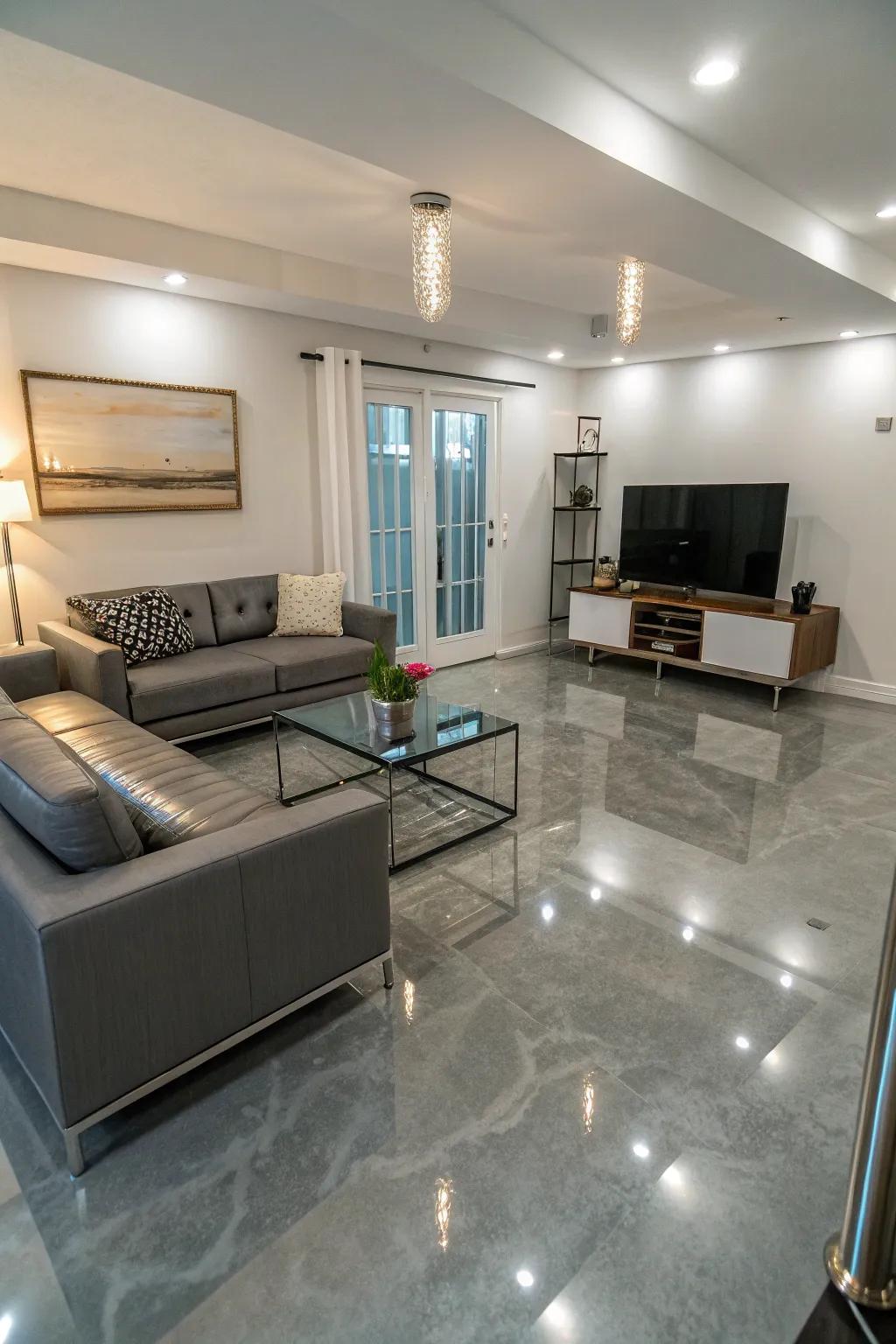 Futuristic flair with shiny tar flooring.