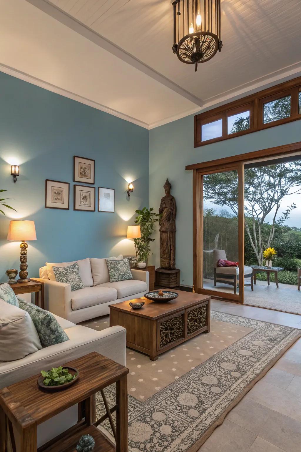 Light blue walls inspire a sense of openness and peace in this serene living space.