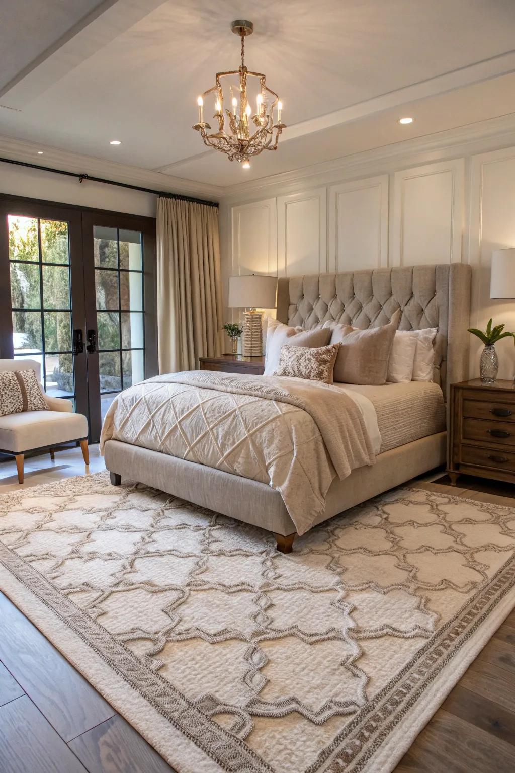 Layered floor coverings add depth and warmth to this contemporary bedroom.