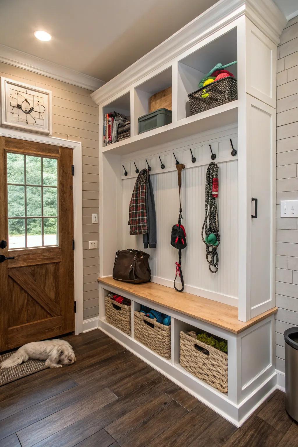 Your mudroom will be organized with a built-in pet station.
