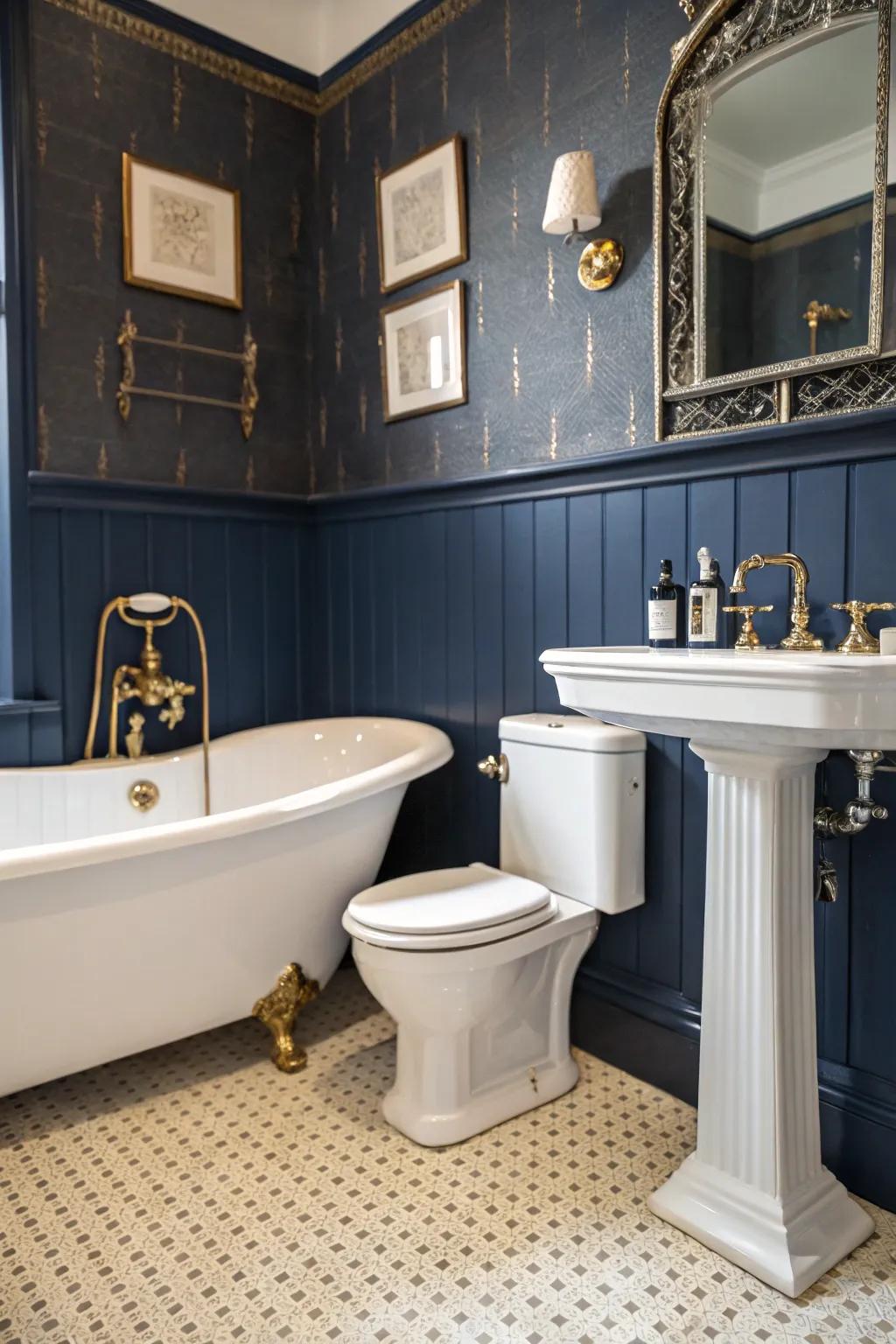Time-Honored fixtures add charm to deep sea blue bathrooms.