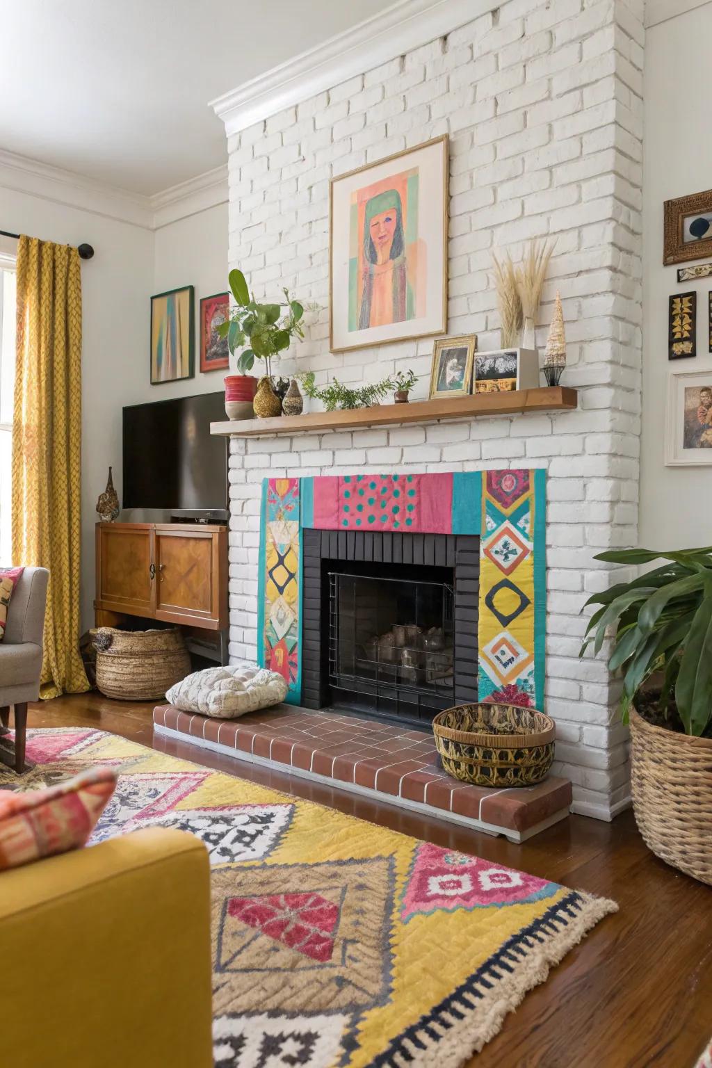 Eccentric colours and patterns bring charm to a painted fireplace.