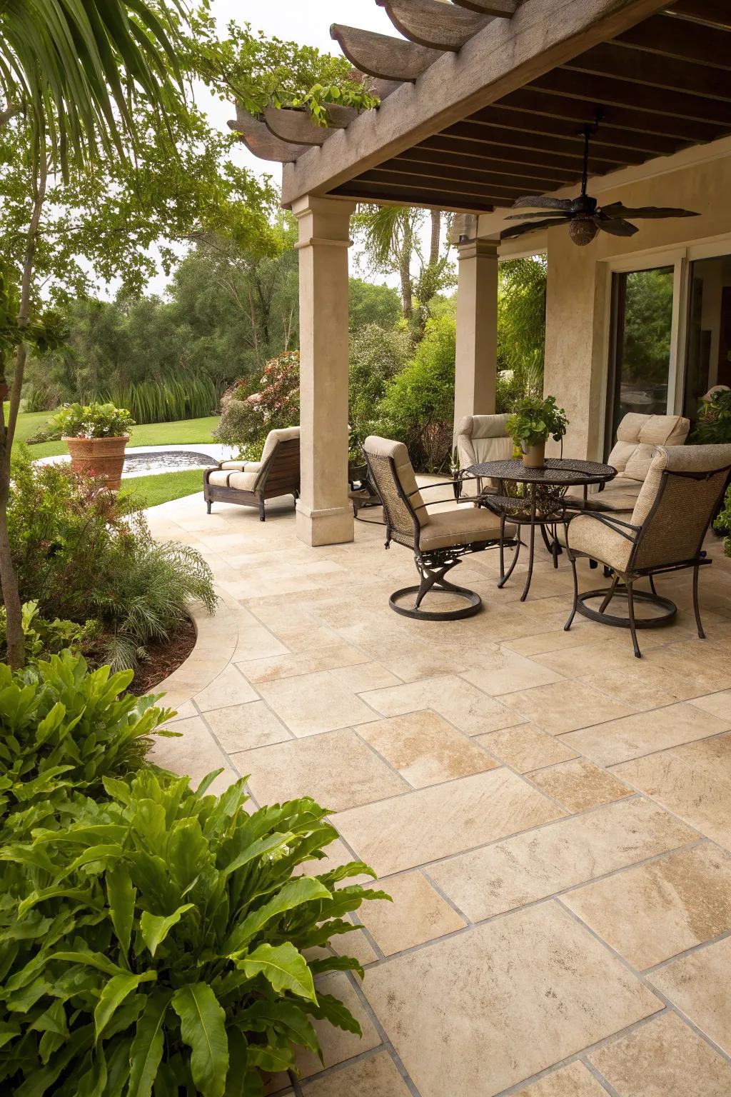 Sedimentary blocks infuse Mediterranean elegance into patios.