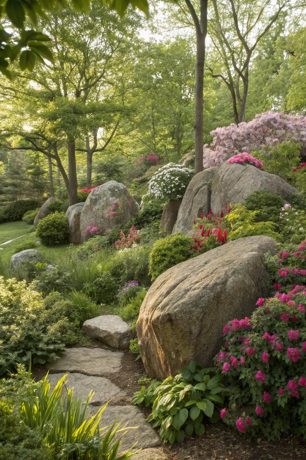 Boulders act as natural centerpieces, grounding the garden design.