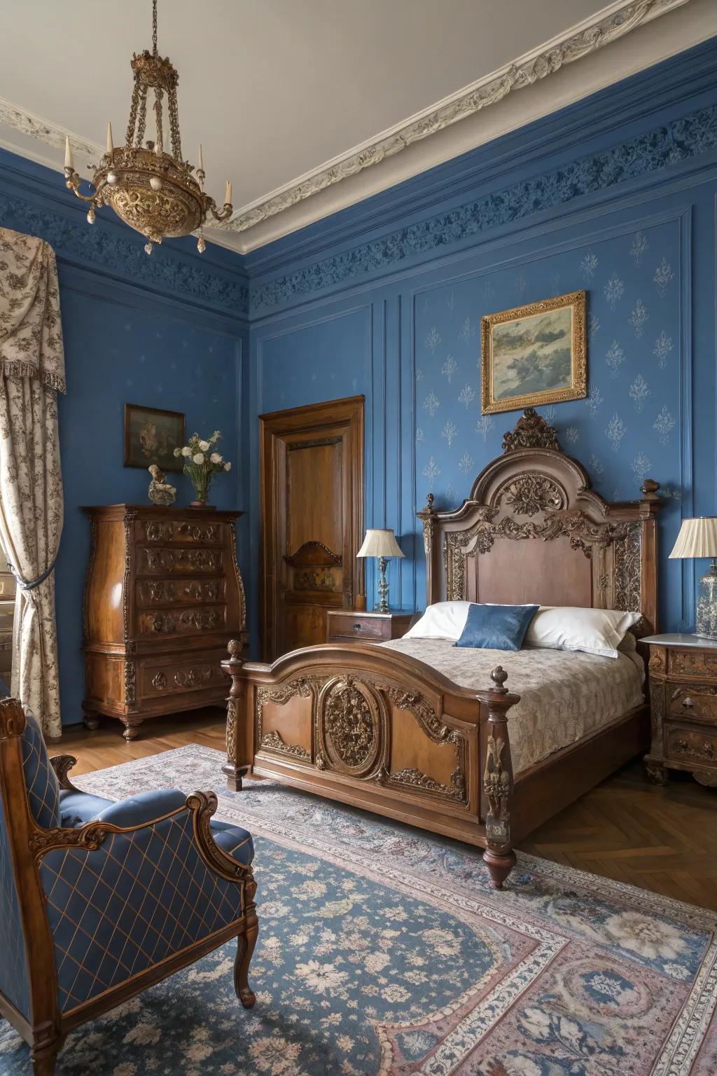Timeless furnishings contribute a majestic charm to the modern sapphire blue space.