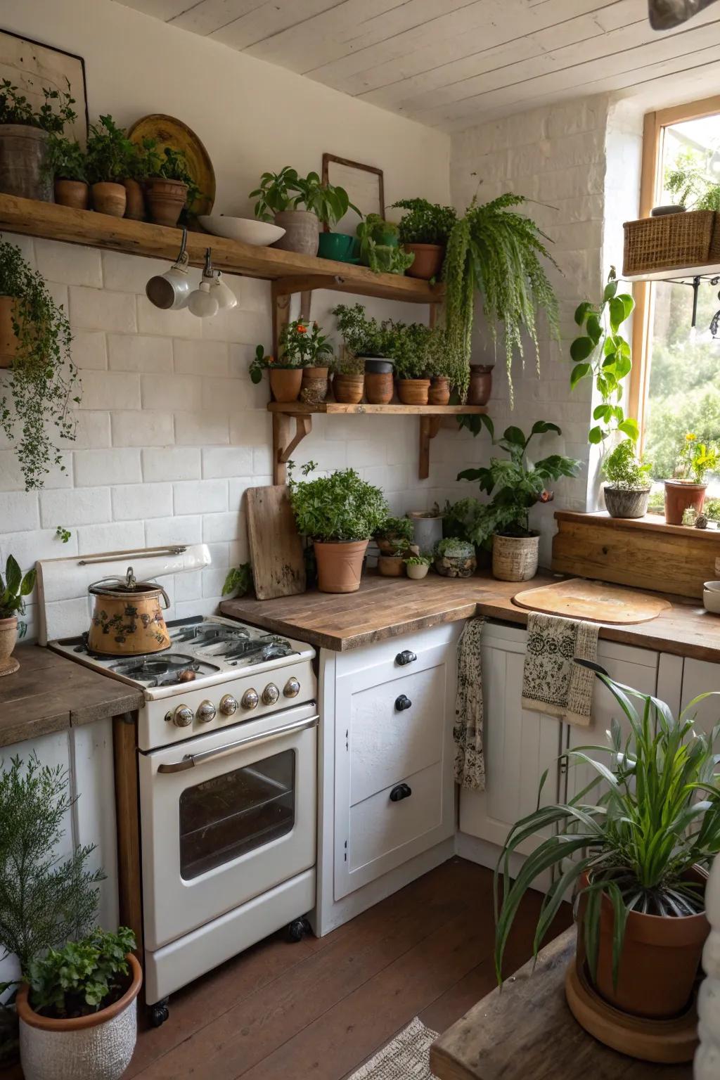 Lush botanical elements inject vibrancy and vitality into this rustic cooking space.