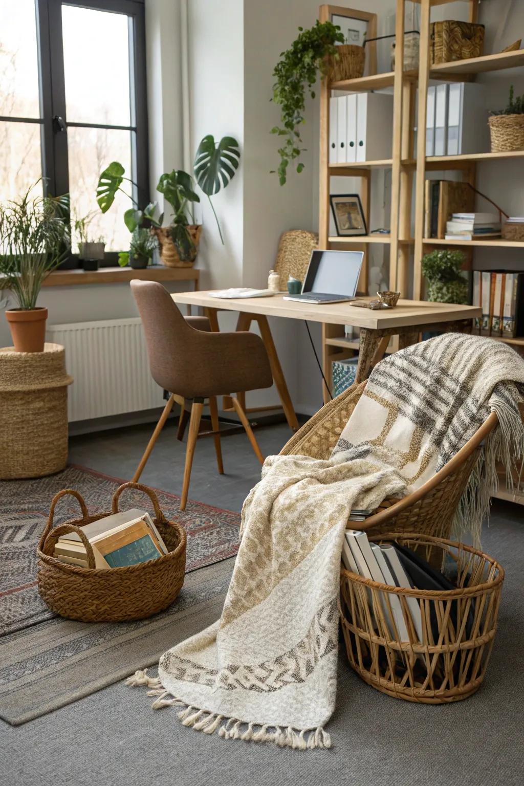 Woven textiles introduce a handcrafted touch and texture to a rustic office.