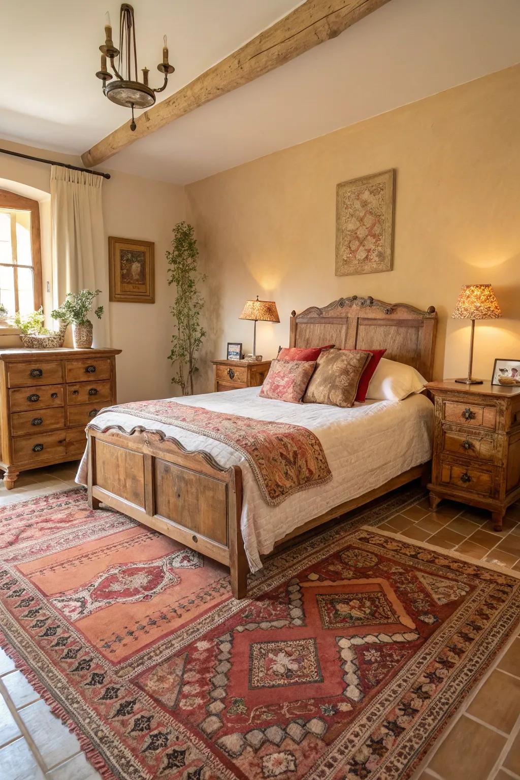 An old rug adds warmth and ties the room together in this modern-vintage bedroom.