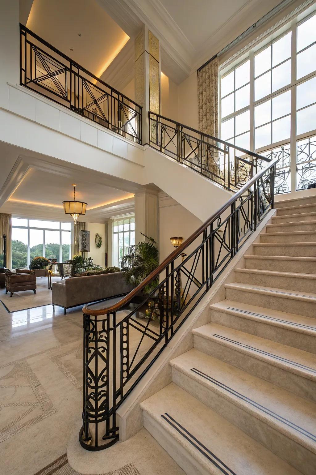 Art Deco railings radiating ageless sophistication.