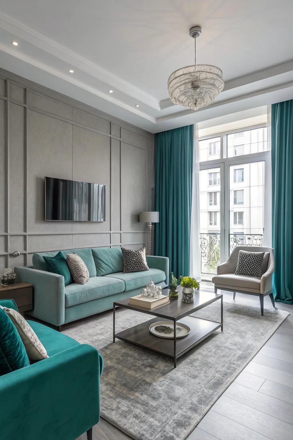 Modern furniture enhances the teal and grey living space.