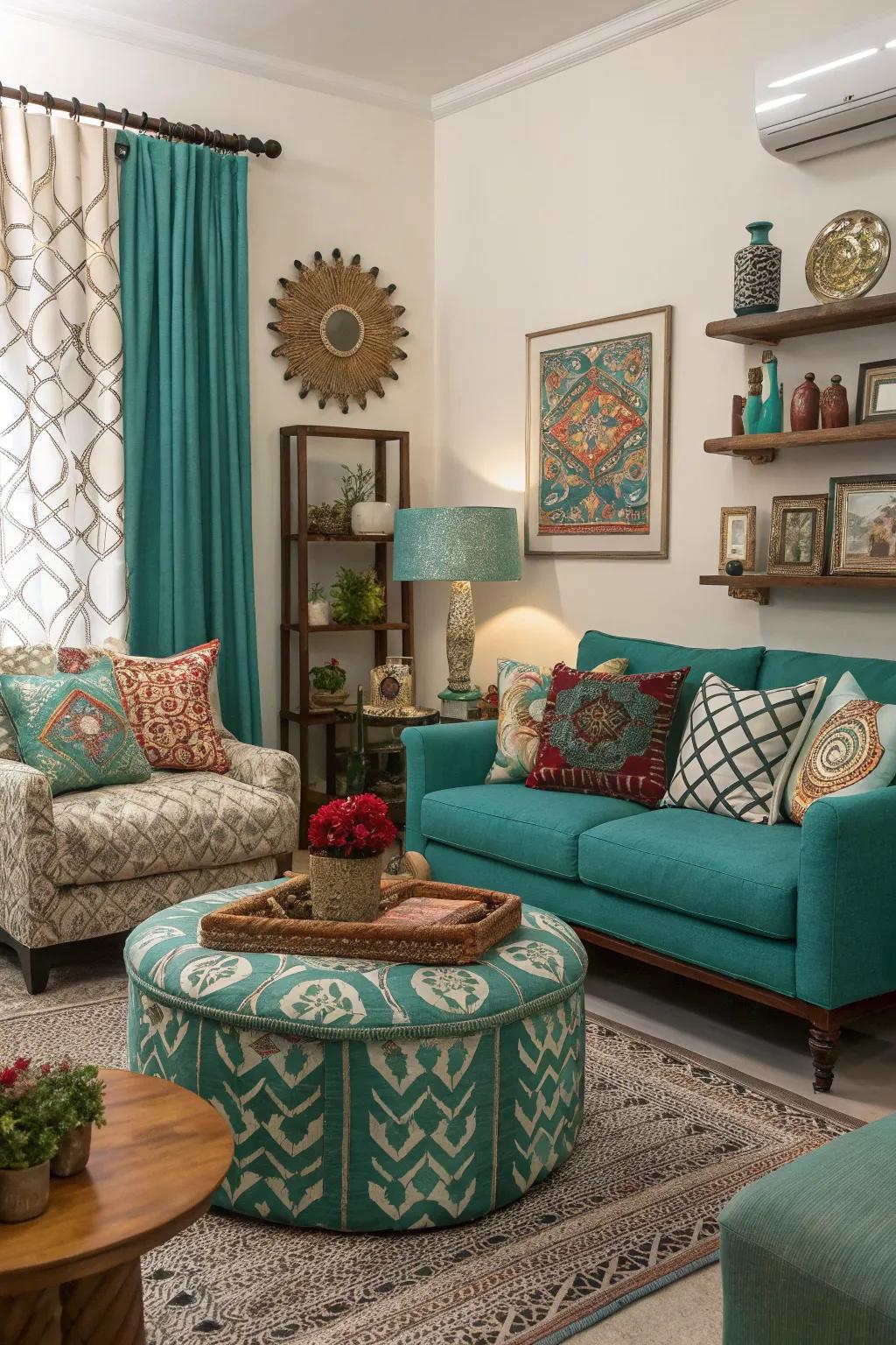 A unique mix of patterns and shades with teal as the central element.