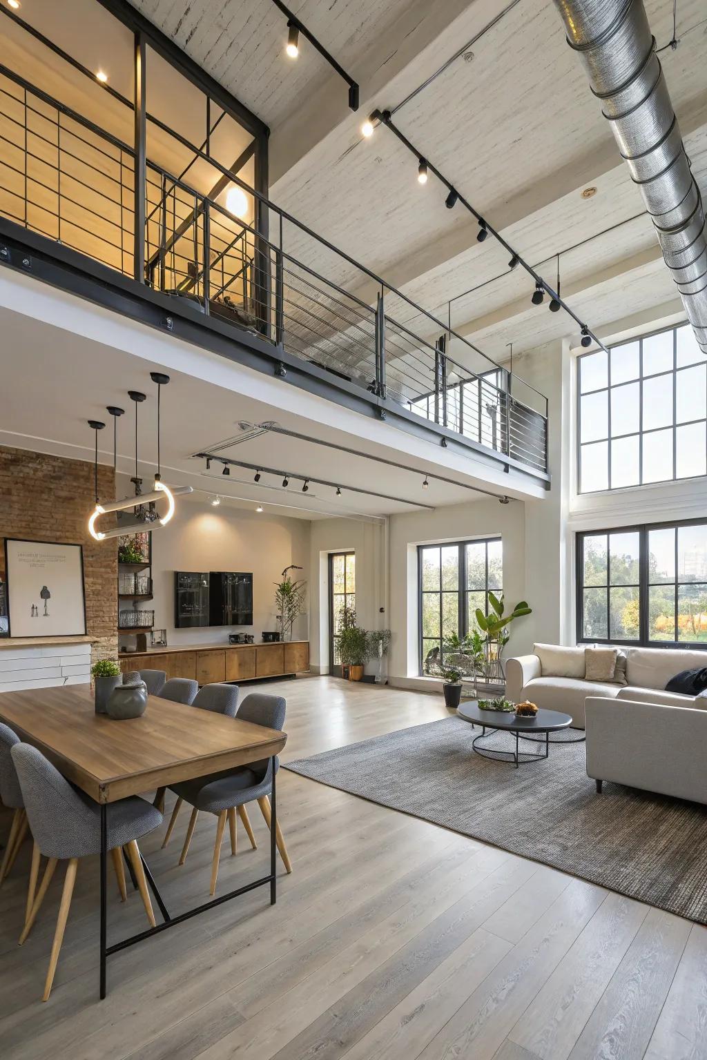 Modern loft with track lighting defining open living and dining spaces.