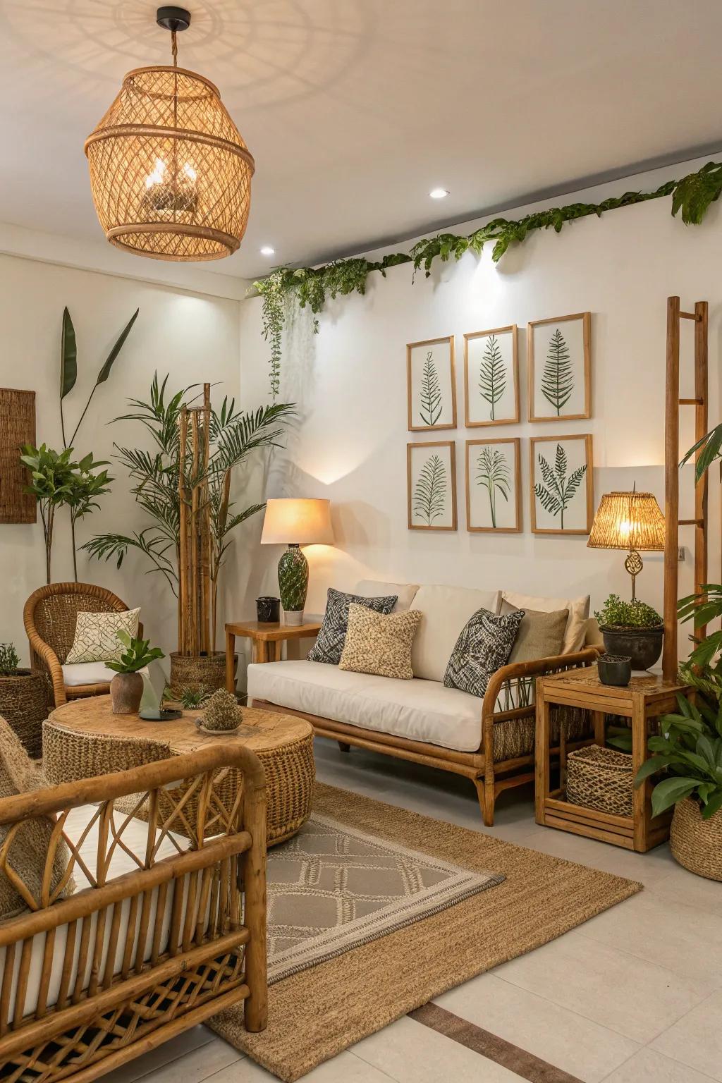 Cane elements add an exotic touch to the tropical decor.