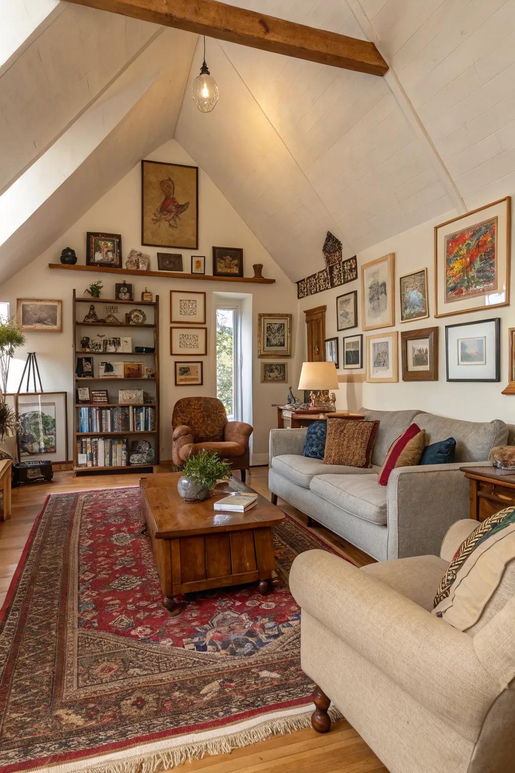 Diverse styles inject individuality and charm into this living room with a vaulted ceiling.