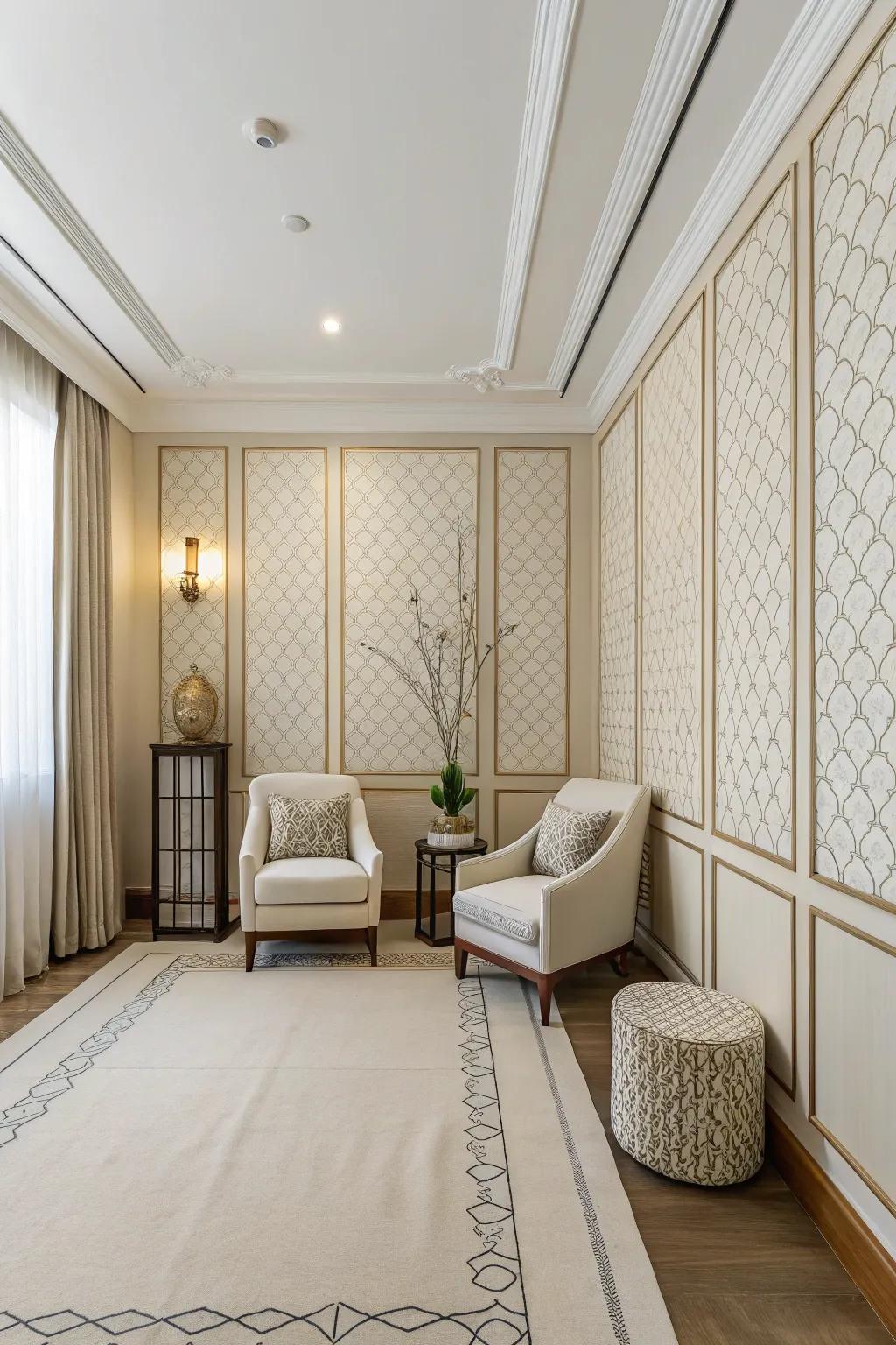 Simple line wall covering provides a subtle backdrop in a minimalist room.