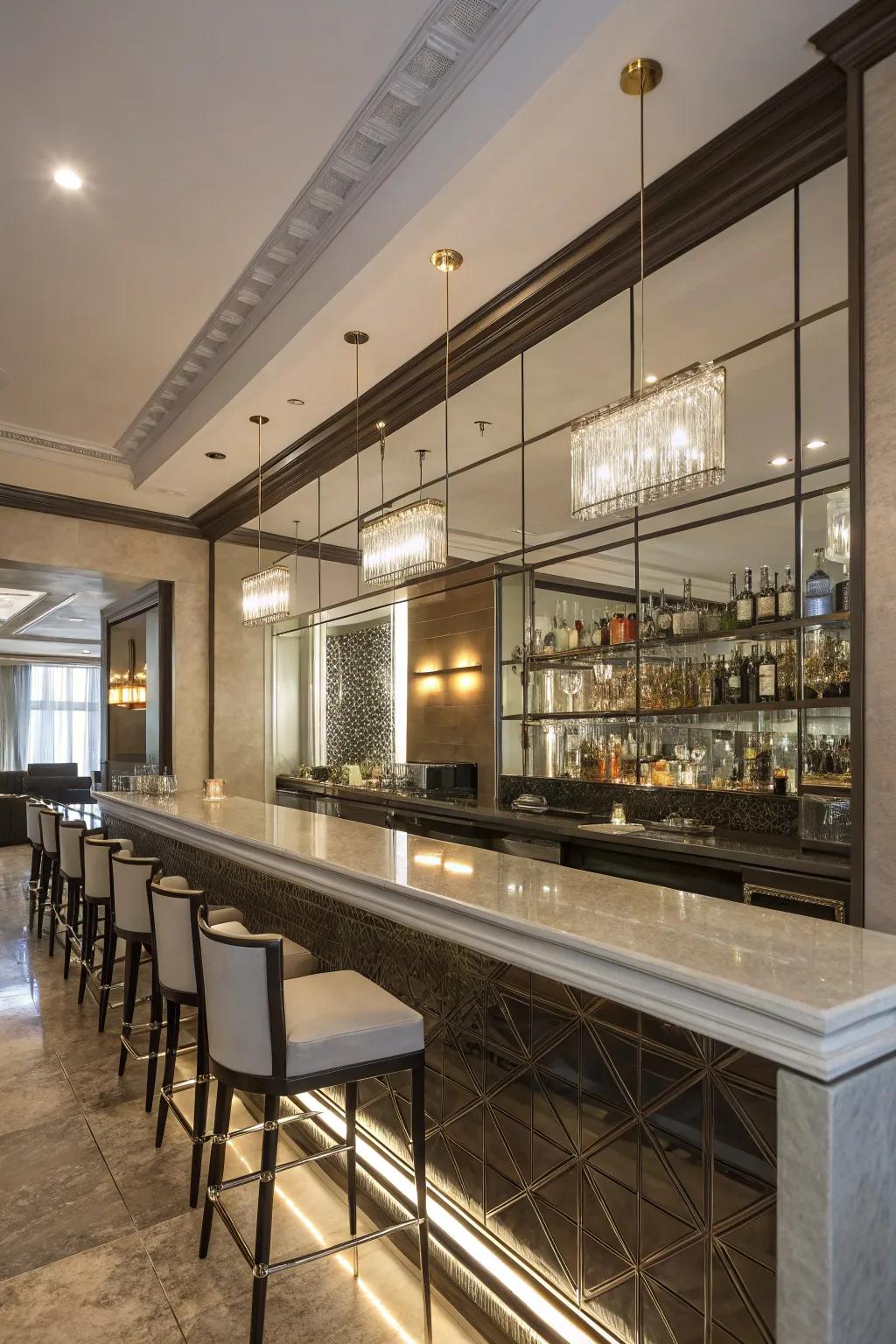 Mirrored components enhance the openness of your wet bar.