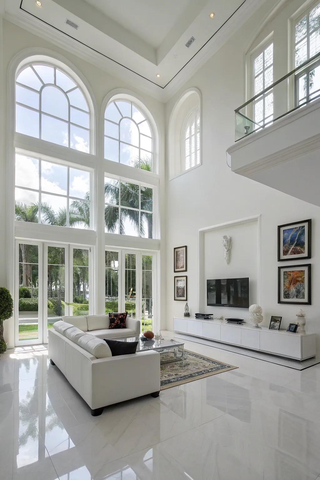Architectural components inject depth into a modern white living space.