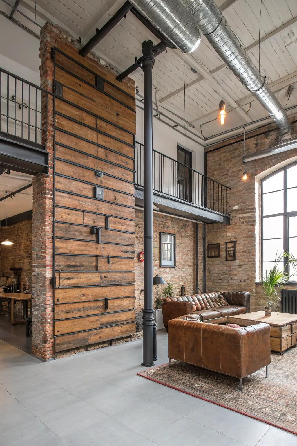 Infuse character with an industrial-chic wood slat and metal accent wall.