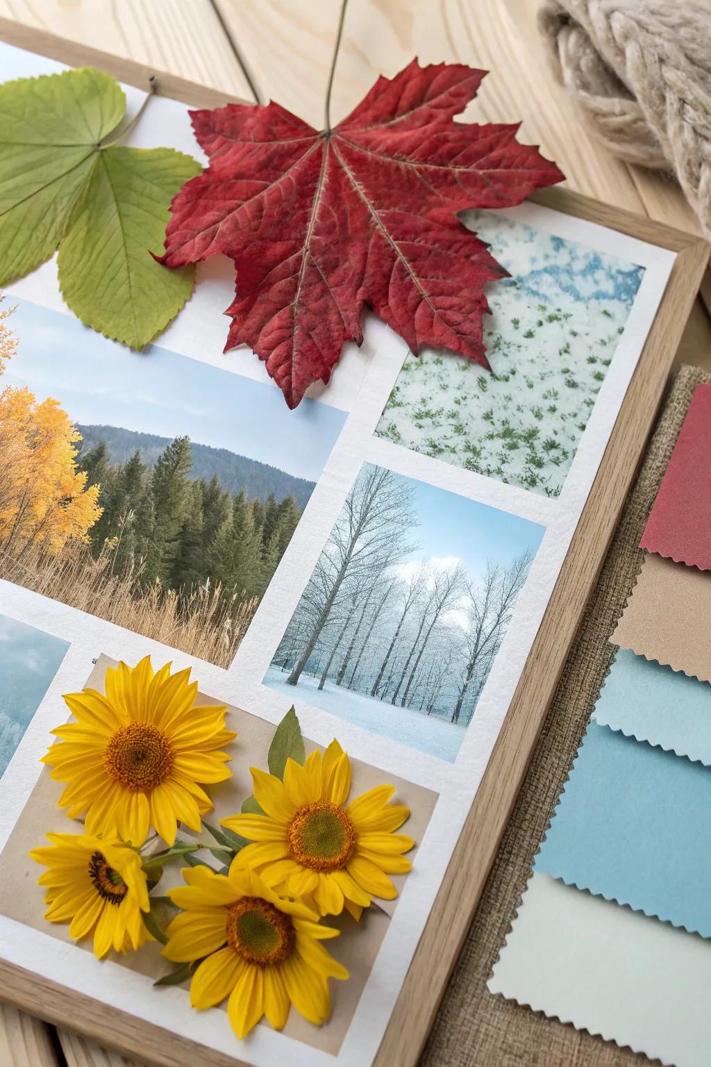 A season's beauty mood board that shows the colors and feels of the time.