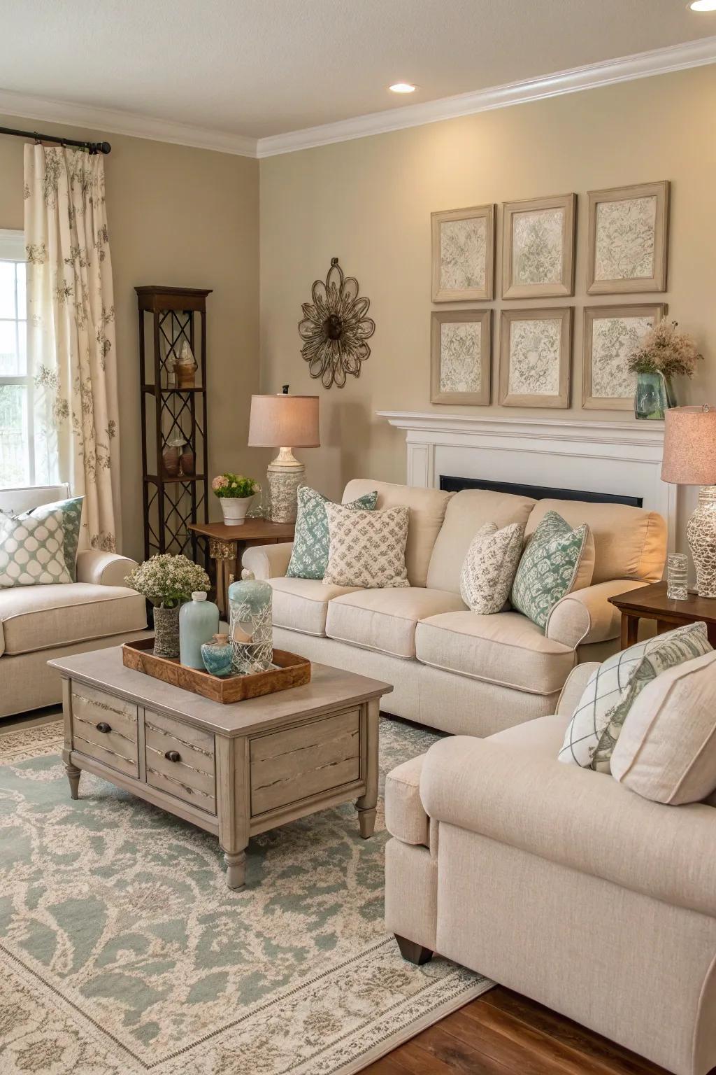 Color harmony creating cohesion within a dimly lit living space.