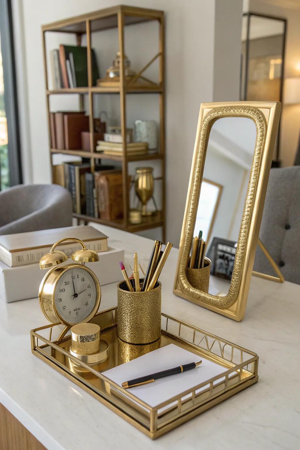 Metallic accents contribute a luxurious shine to this sophisticated office.