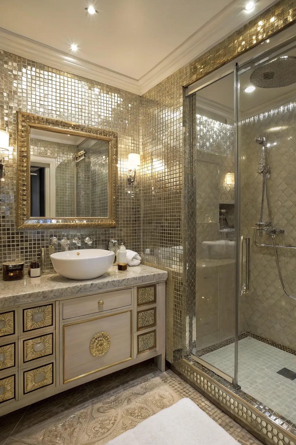 A glamorous bathroom featuring shimmering mosaic tiles.