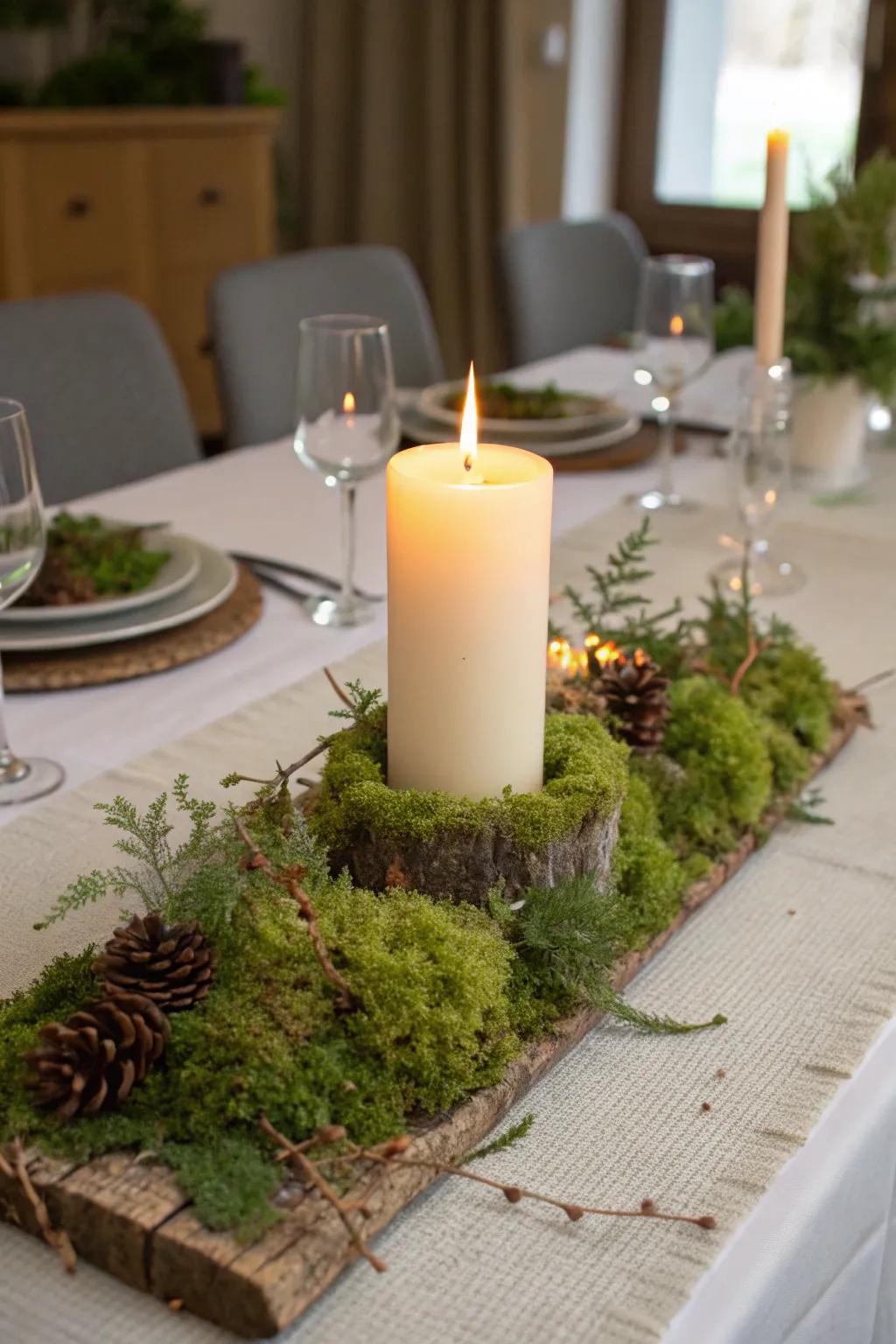 A snug centerpiece of wax lights showcasing a radiant moss base.