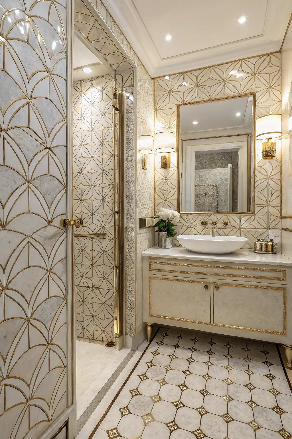 Art Deco patterns in nacre tiles bring a timeless elegance to any bathroom.