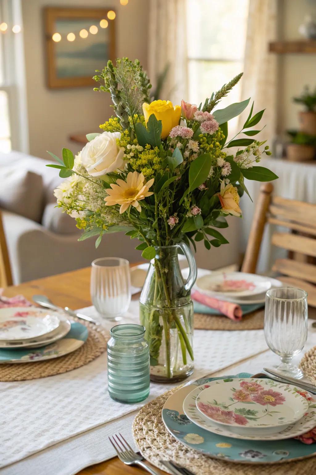 A handcrafted centerpiece contributes a personal touch to the surface.