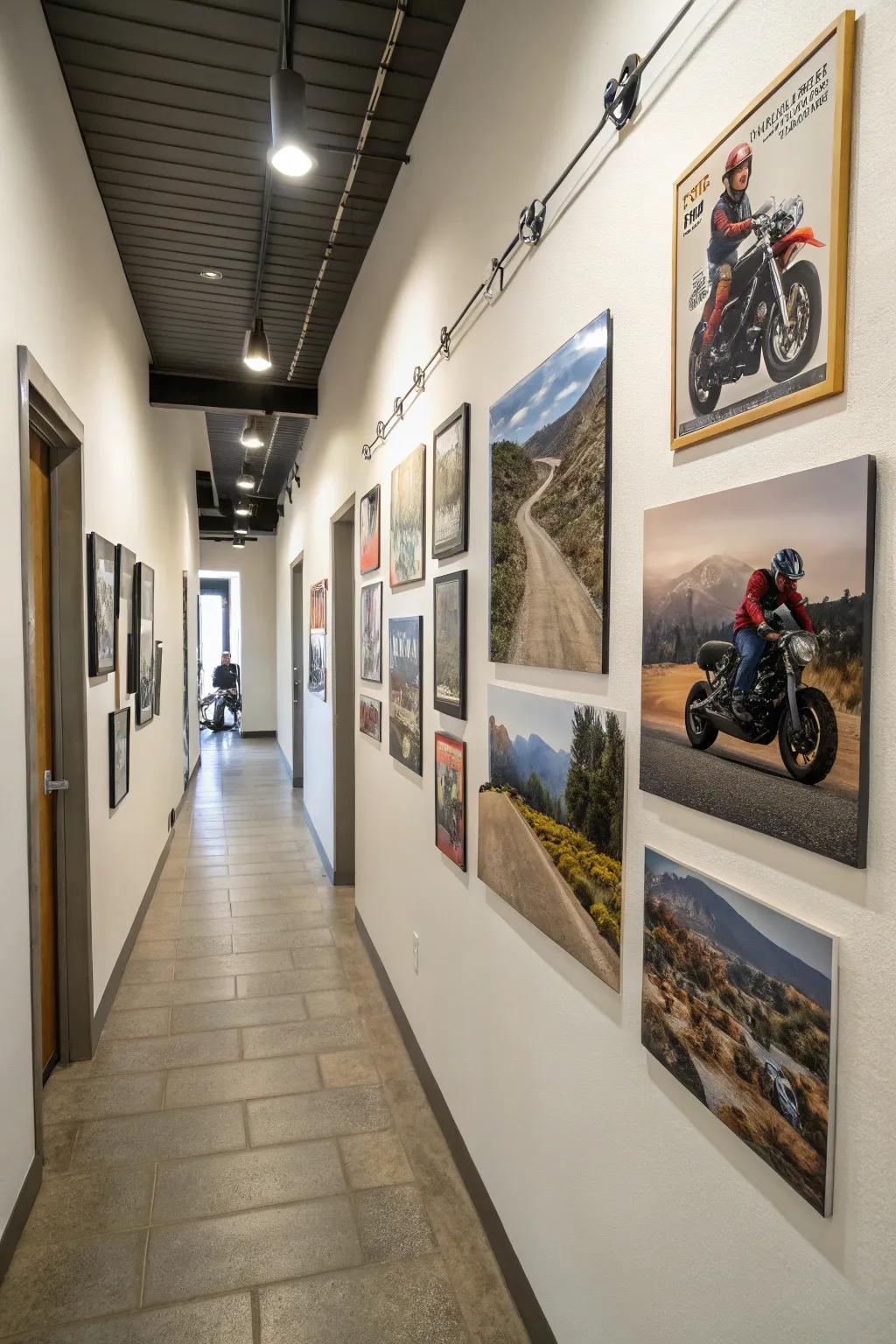 A gallery wall loaded with motorcycle-related art.