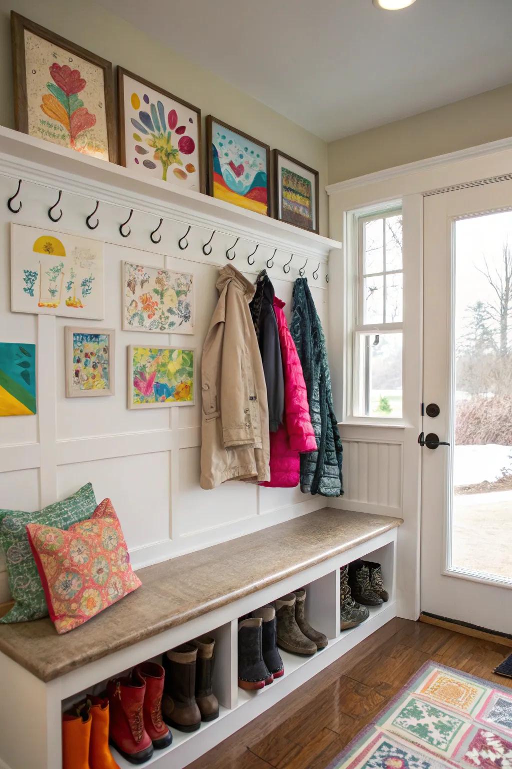 A personalized mudroom bench area accentuated with artwork.