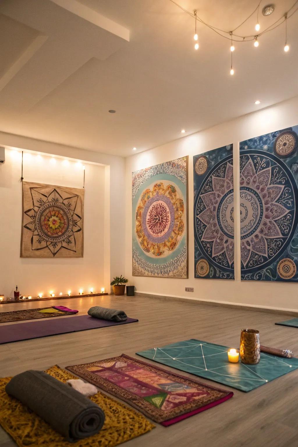 These mandalas bring quiet and calm to the yoga area, producing a refuge from stress.