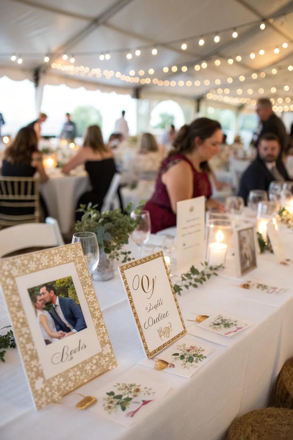 Personalized table titles featuring stories introduce a sentimental detail.