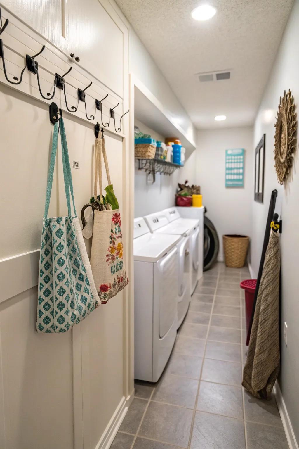 Decorative hooks blend functional storage with charming design.