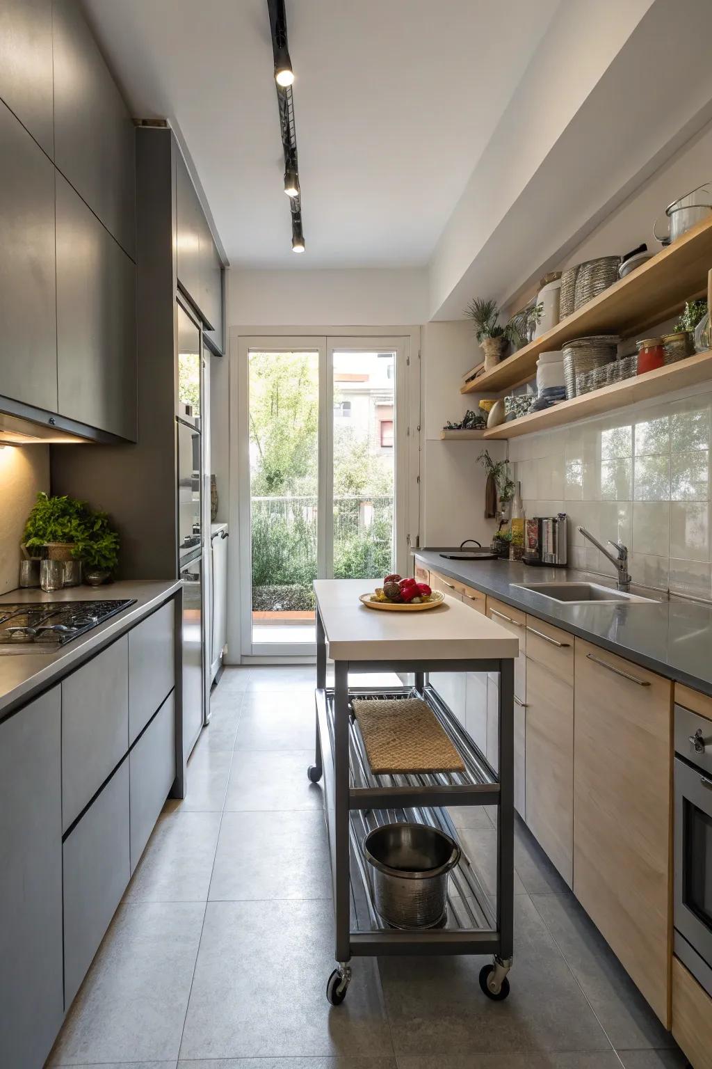 A mobile island infuses versatility into a slender kitchen.